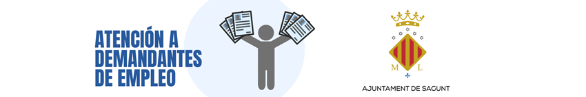 hay un texto que pone atención a demandantes de empleo y un logotipo donde sale una persona con documentos en la mano y también sale el logotipo del ayuntamiento de Sagunto