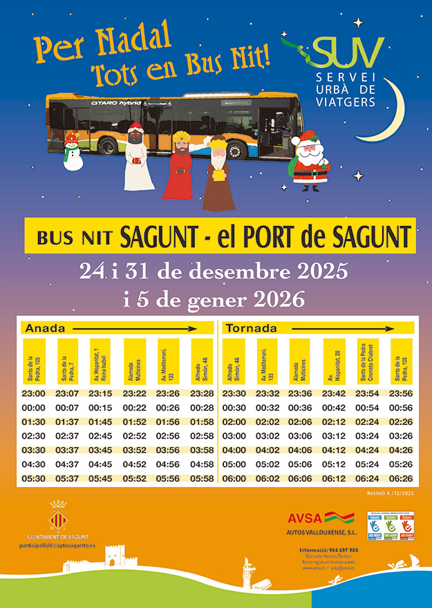 Ampliación del servicio Bus Nit para las principales noches de las fiestas navideñas en Sagunto